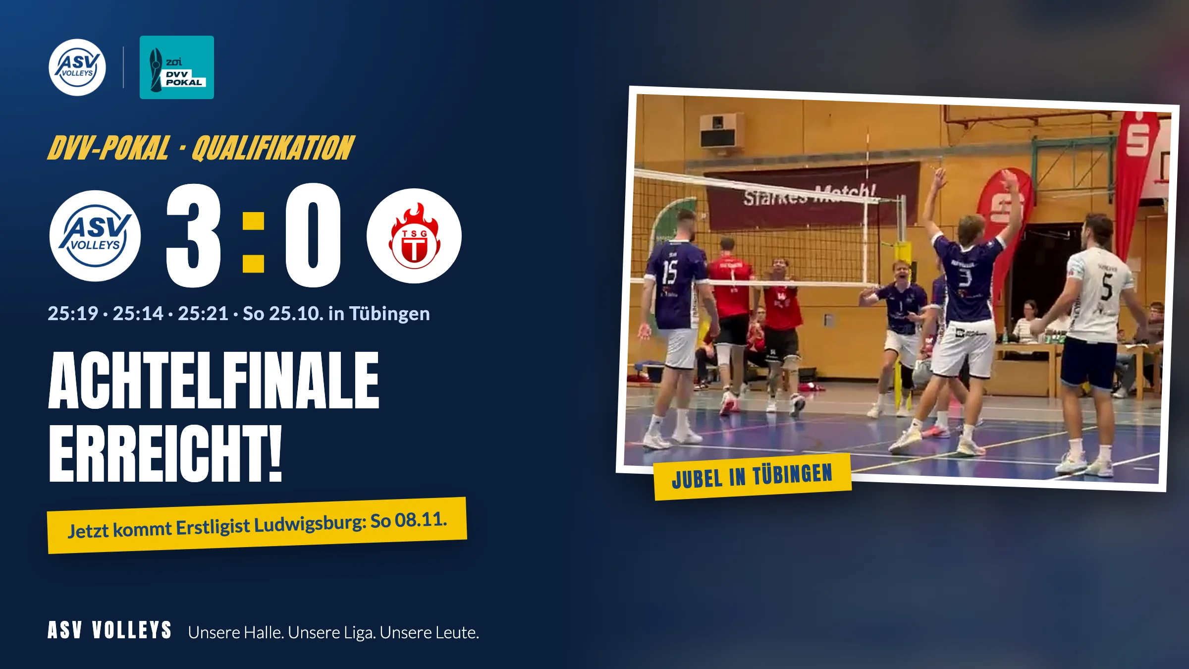 DVV-Pokal Qualifikation: 3:0-Sieg bei der TSG Tübingen (25:19, 25:14, 25:21), die ASV Volleys stehen im Achtelfinale