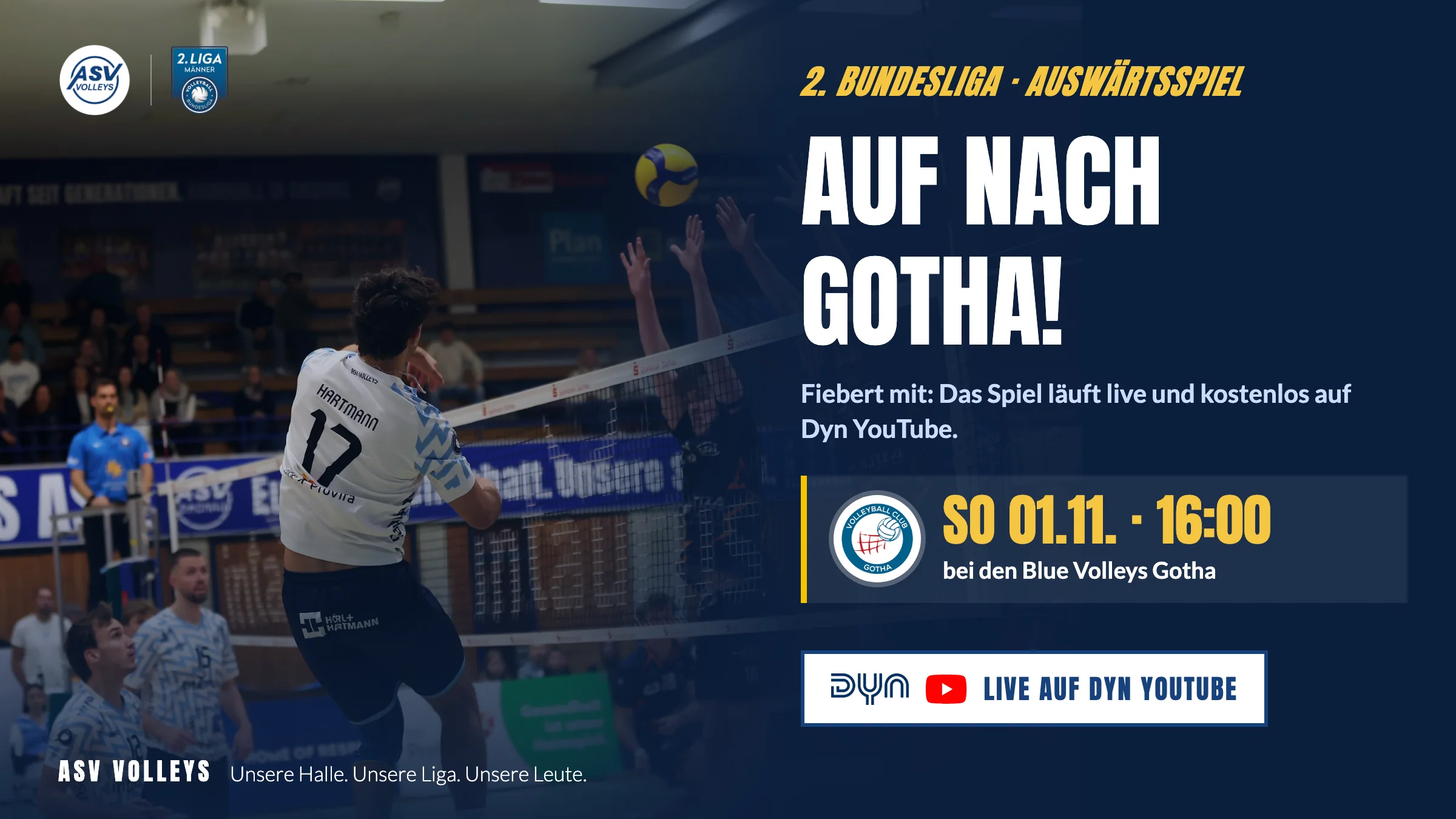 Nächstes Ligaspiel am Sonntag, 01.11., um 16 Uhr bei den Blue Volleys Gotha, live und kostenlos auf Dyn YouTube